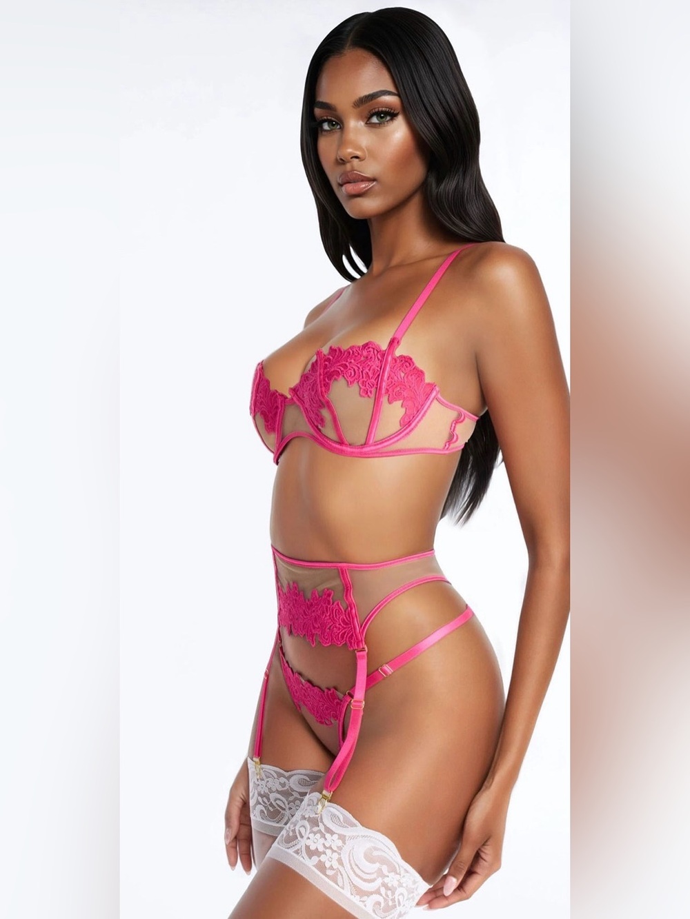 Fashion Nova Hot Pink Lace Underwire Bra Panty & Garter Set🩷 NWOT 🩷 - Picture 2 of 5